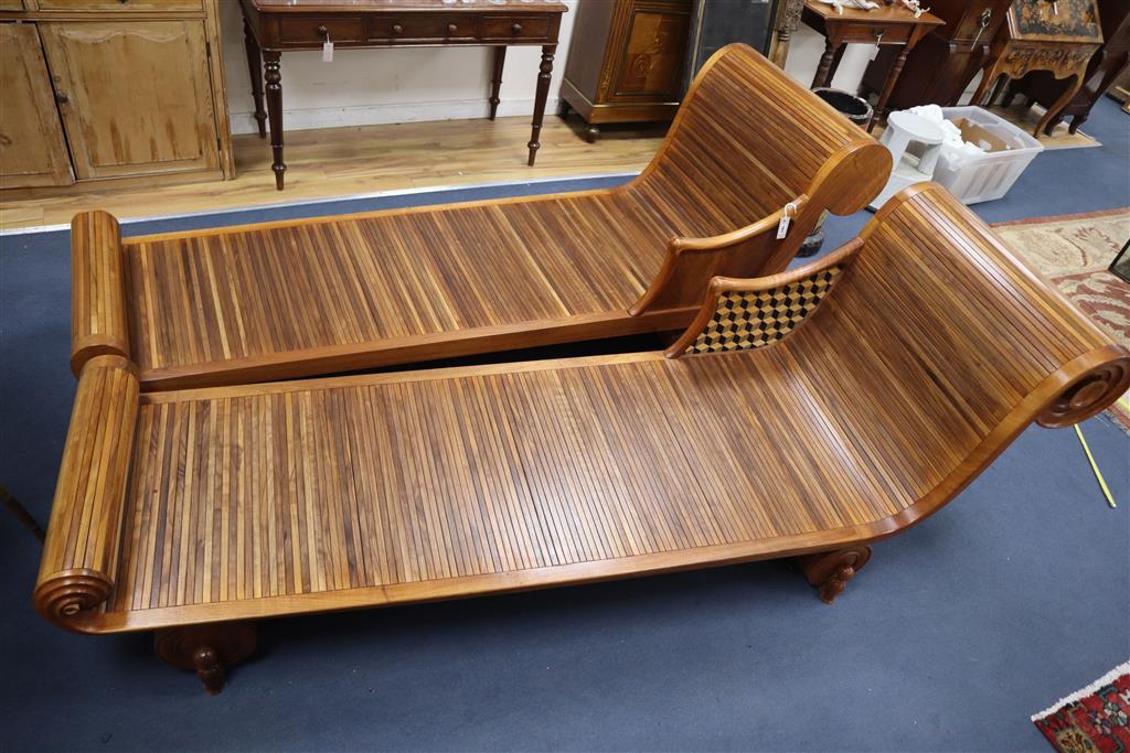 A pair of contemporary American chestnut daybeds by Mark Griffiths with inlaid cube parquetry panels, length 230cm, width 74cm, height